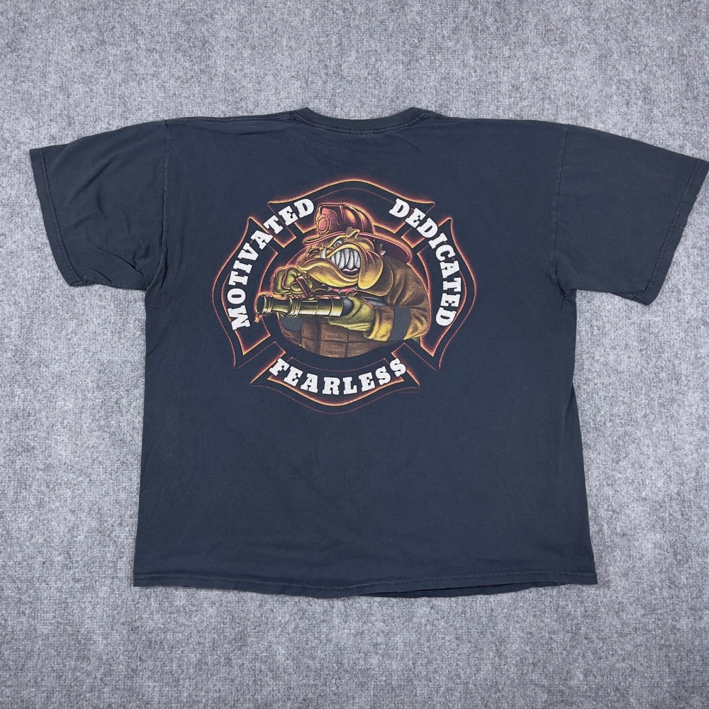 Motivated Dedicated Fearless Firefighter Bulldog T-Shirt Mens XL Black Y2K